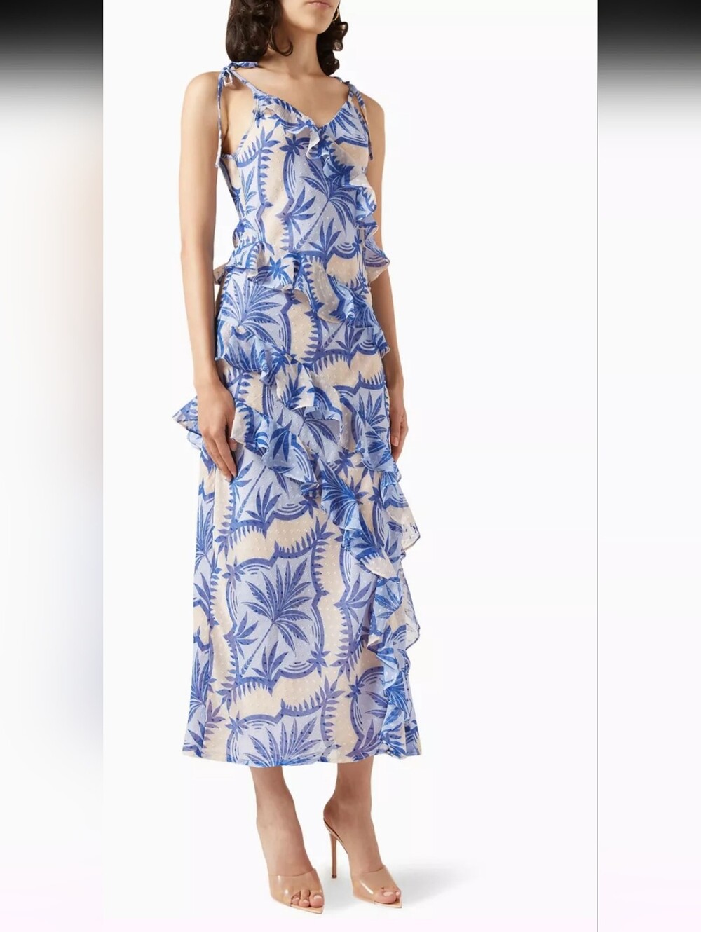 NWT Never Fully Dressed Blue Palm-Print Tiered Ruffle Maxi Dress